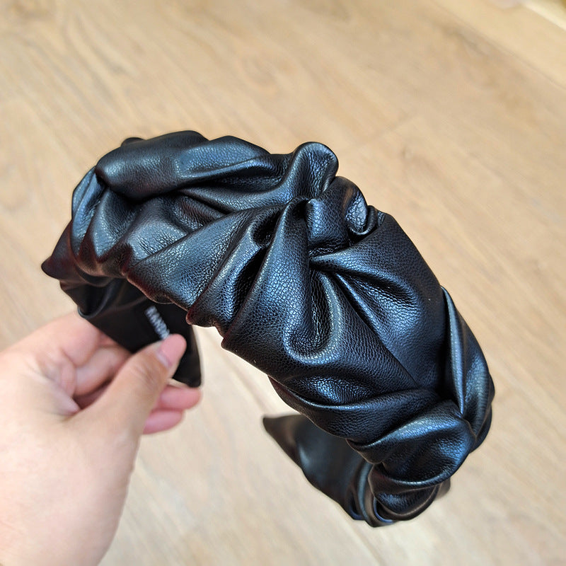 Wholesale Solid Color Pu Leather Pleated Headband